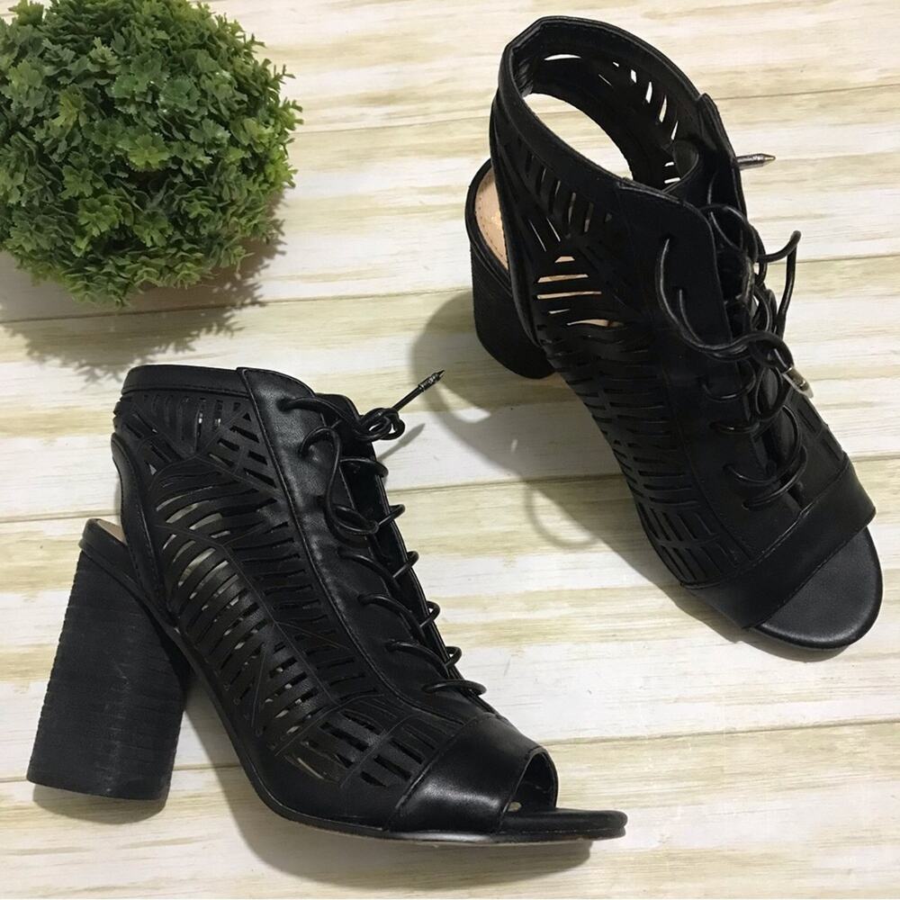 Sam Edelman‎ Rocco Black Cut Out Mesh Lace Up Open Toe Heel Bootie Size 7.5